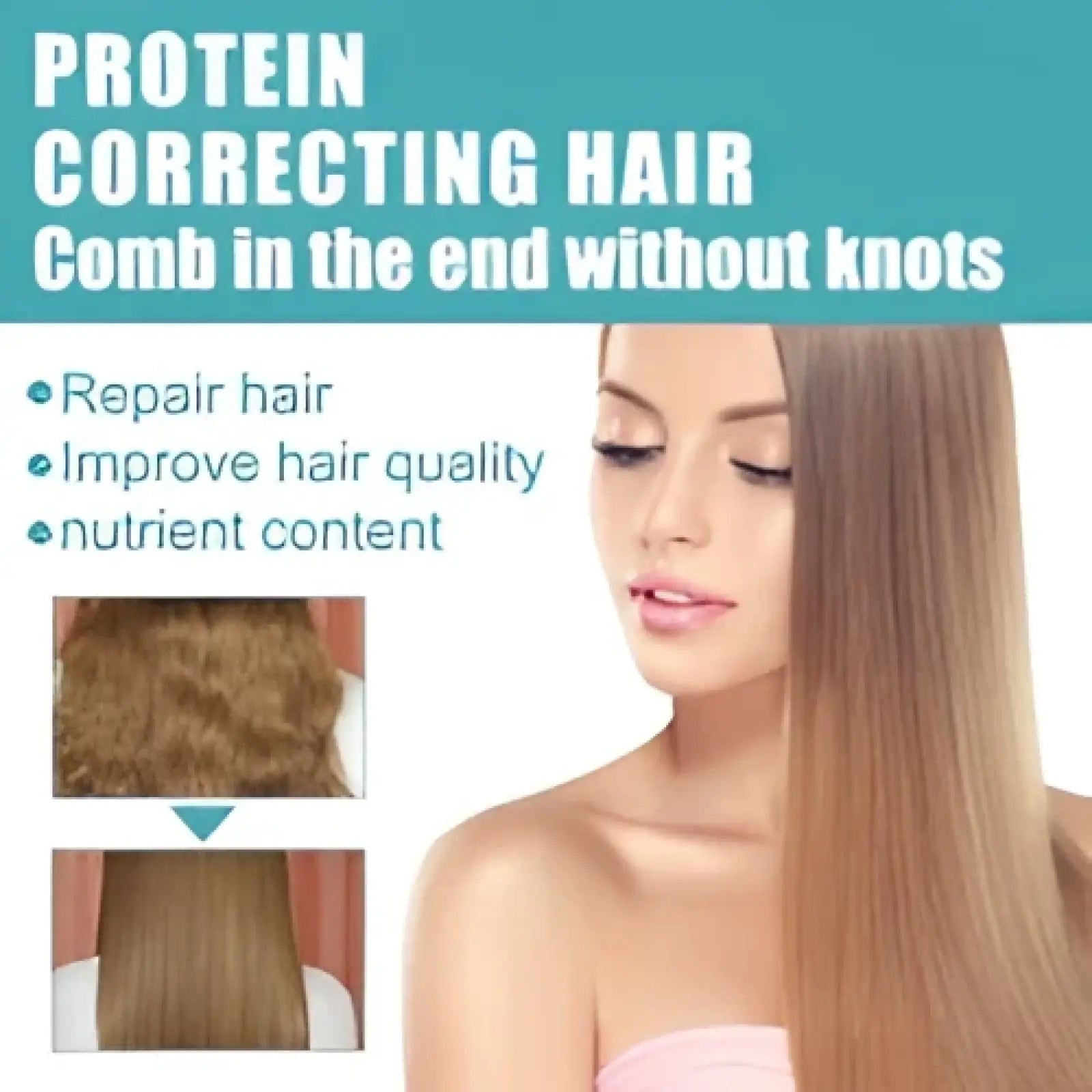 A woman with long light brown hair is shown in a promotional image for protein correcting hair straightening cream 60ml