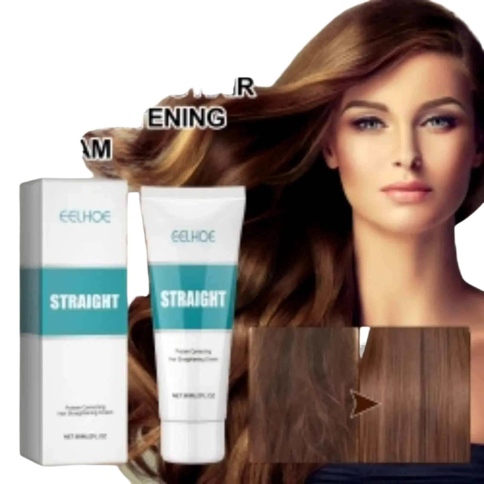 White tube of eelhde protein correcting hair straightening cream with teal label and matching box for smooth hair