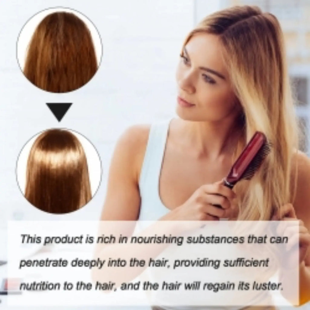 A sleek red-handled hairbrush with dense bristles used to style long blonde hair in protein correcting hair cream use