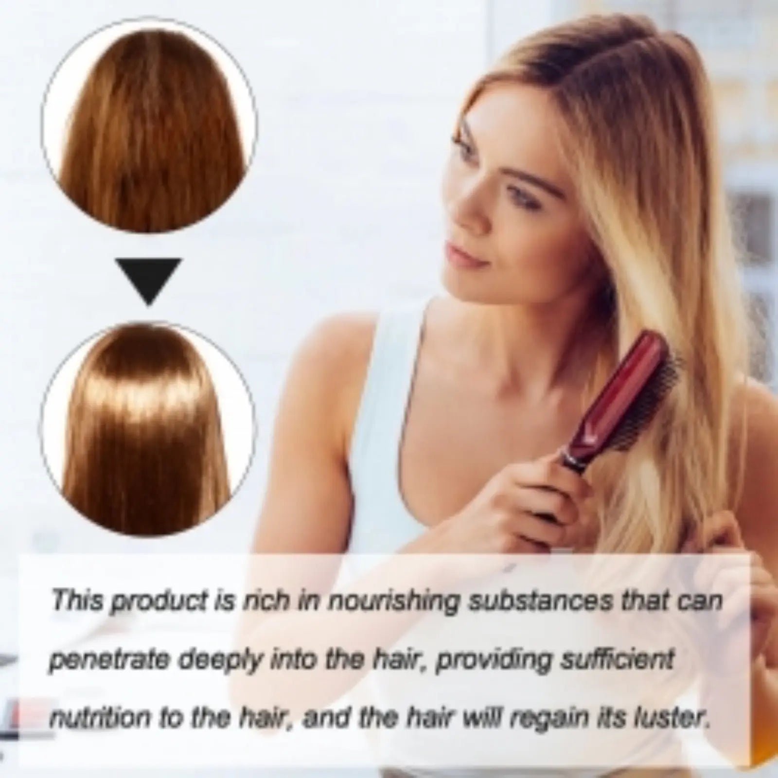A sleek red-handled hairbrush with dense bristles used to style long blonde hair in protein correcting hair cream use