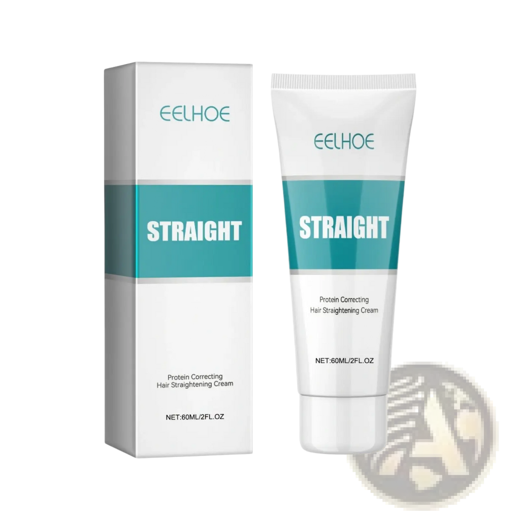 White tube of eelhoe protein correcting hair straightening cream with teal branding and matching box with brush