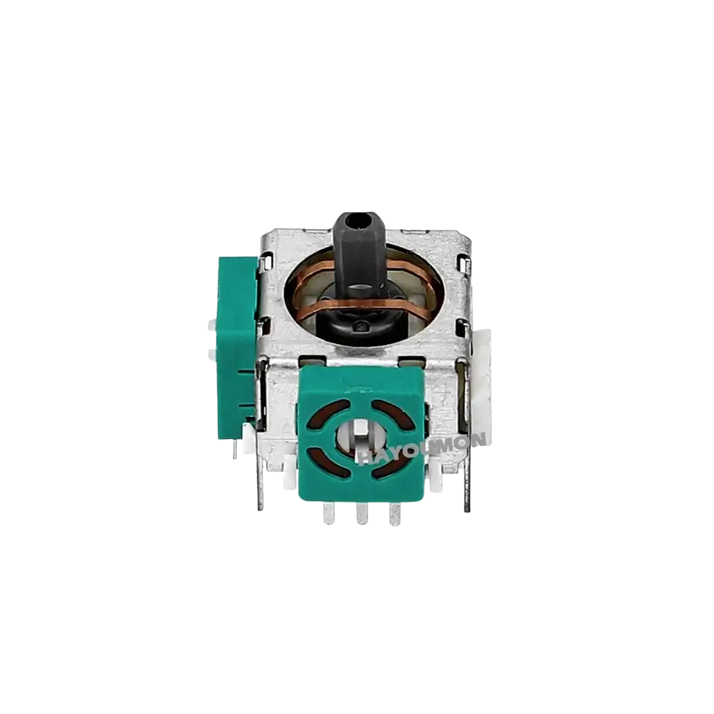 Ps2 analog stick joystick replacement with silver metallic stick, teal plastic side plates, and black central shaft