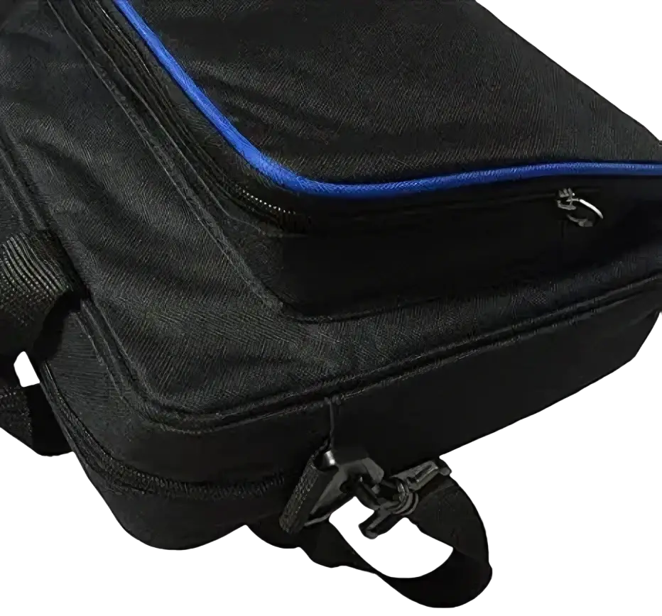 Black oxford fabric ps4 slim travel bag with blue zipper trim and adjustable shoulder strap for console organization