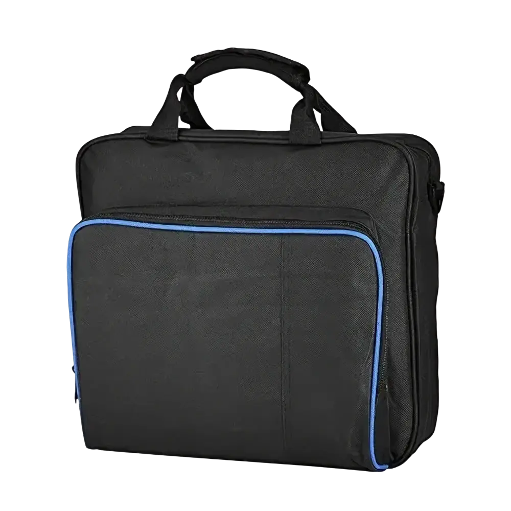 Black ps4 slim travel bag made of oxford fabric with blue zipper trim and top handle for console organization
