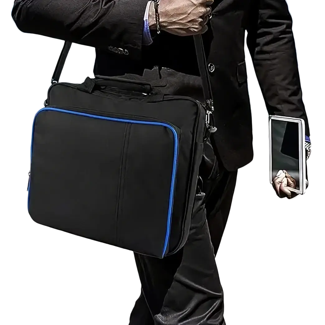 Black ps4 slim travel bag with blue trim made of oxford fabric featuring a sturdy shoulder strap for console organization