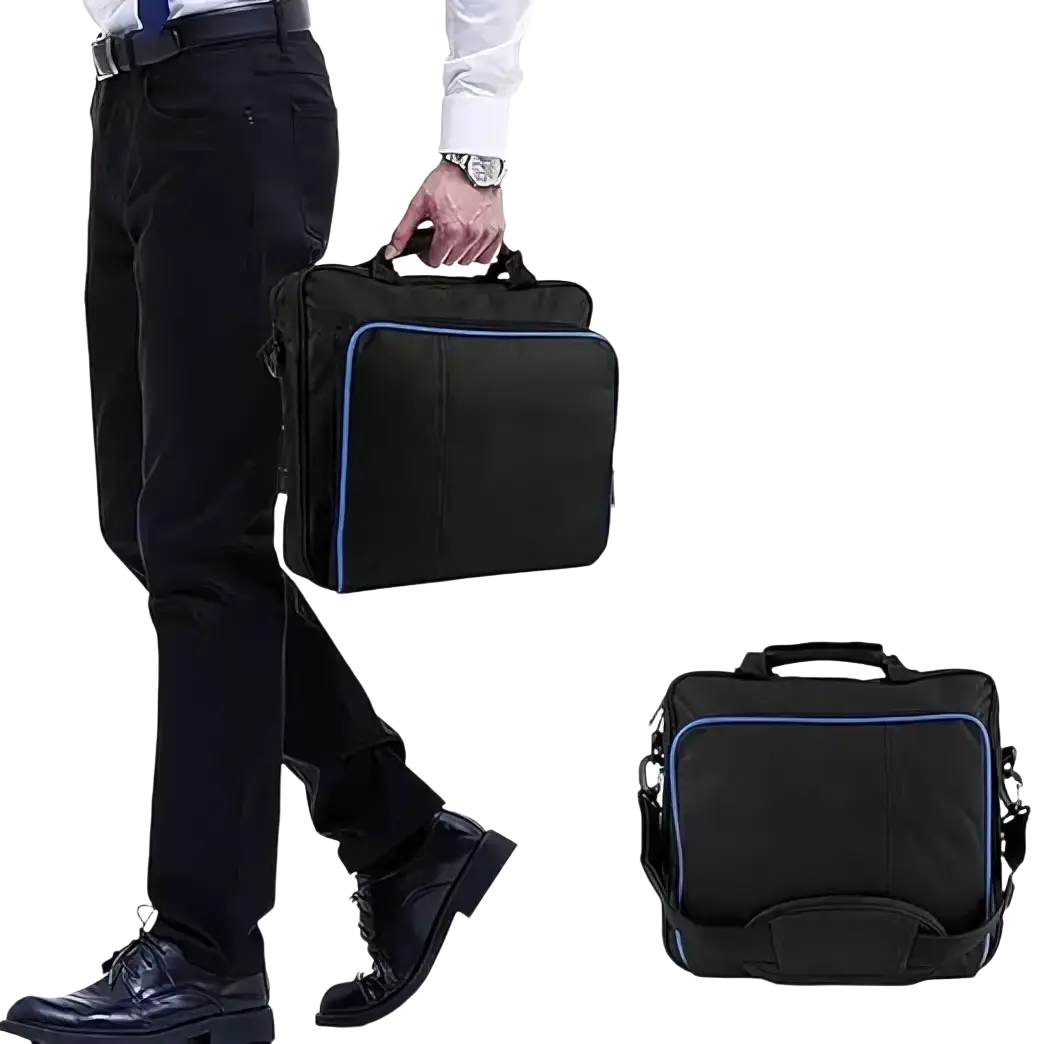 Black ps4 slim travel bag with blue trim and adjustable shoulder strap made of oxford fabric console organizer