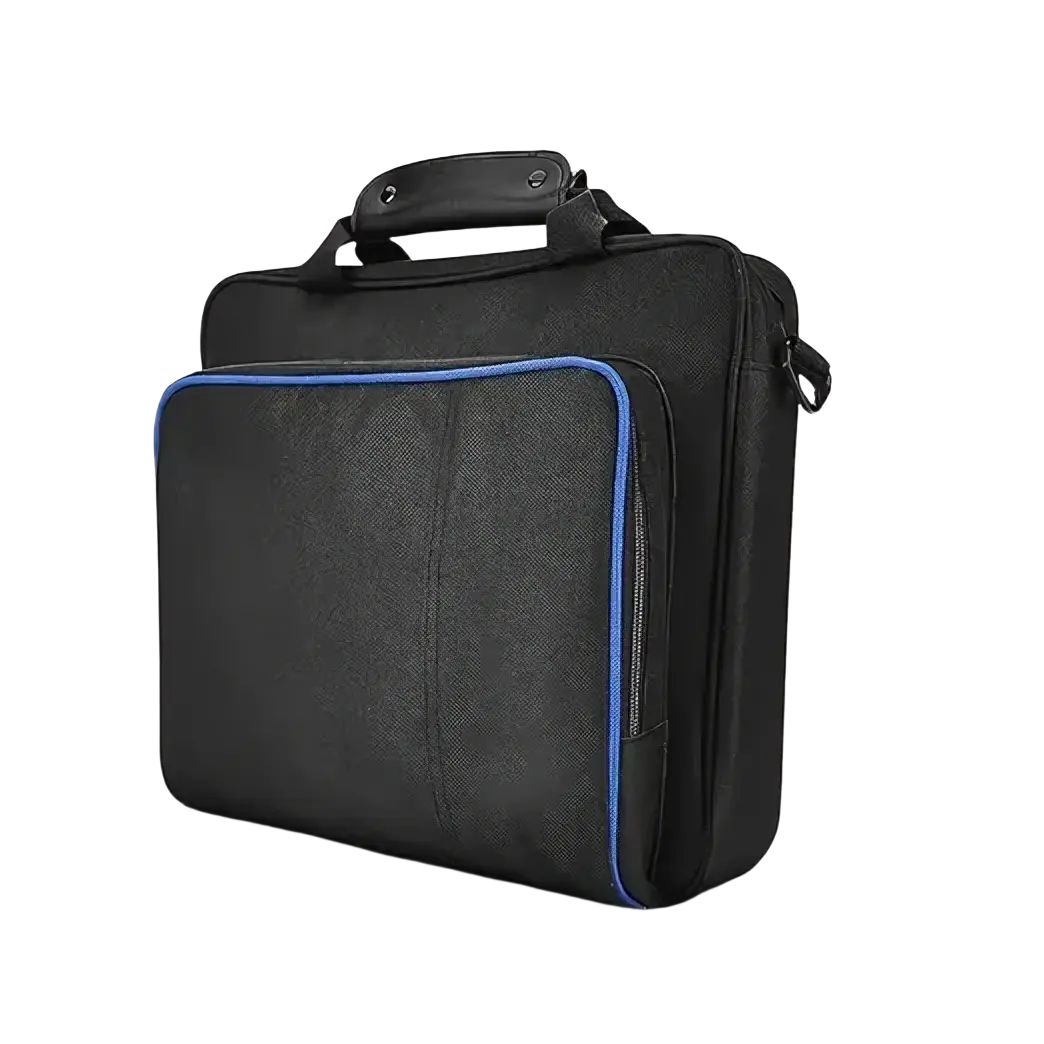 Black ps4 slim travel bag made of oxford fabric with blue zipper trim and padded handle for console organization