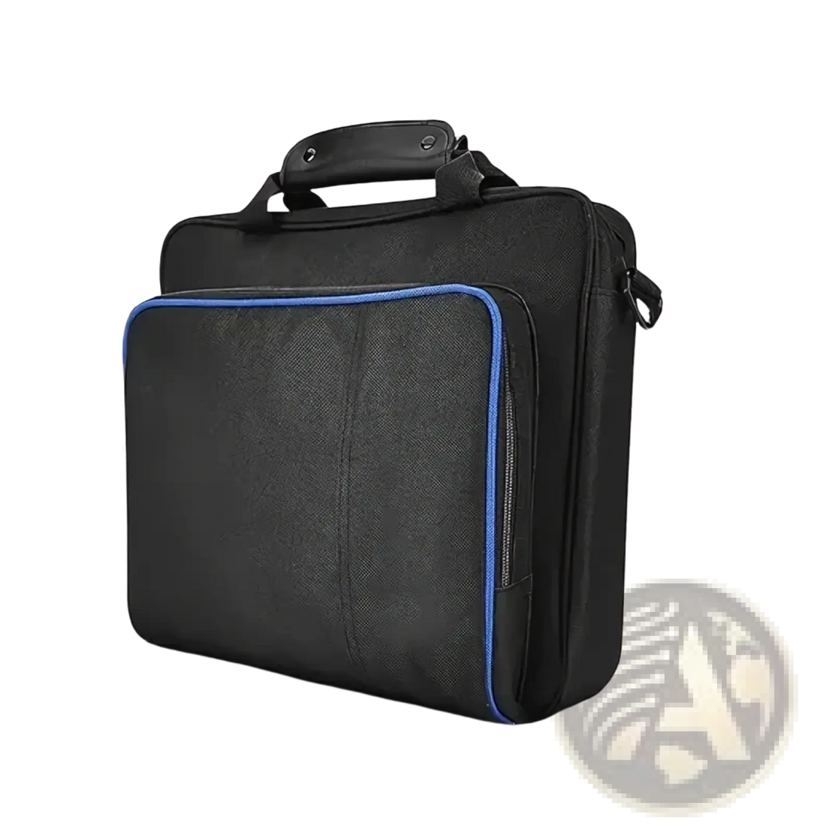 Black ps4 slim travel bag made of oxford fabric with blue zipper trim and padded handle for console organization