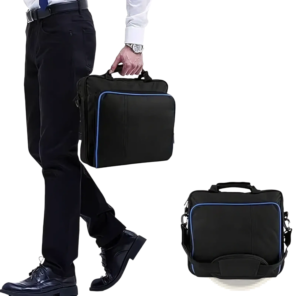Black ps4 slim travel bag with blue trim and adjustable shoulder strap made of oxford fabric console organizer