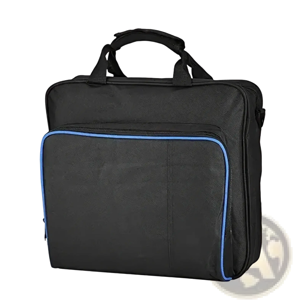 Black ps4 slim travel bag made of oxford fabric with blue zipper trim and top handle for console organization