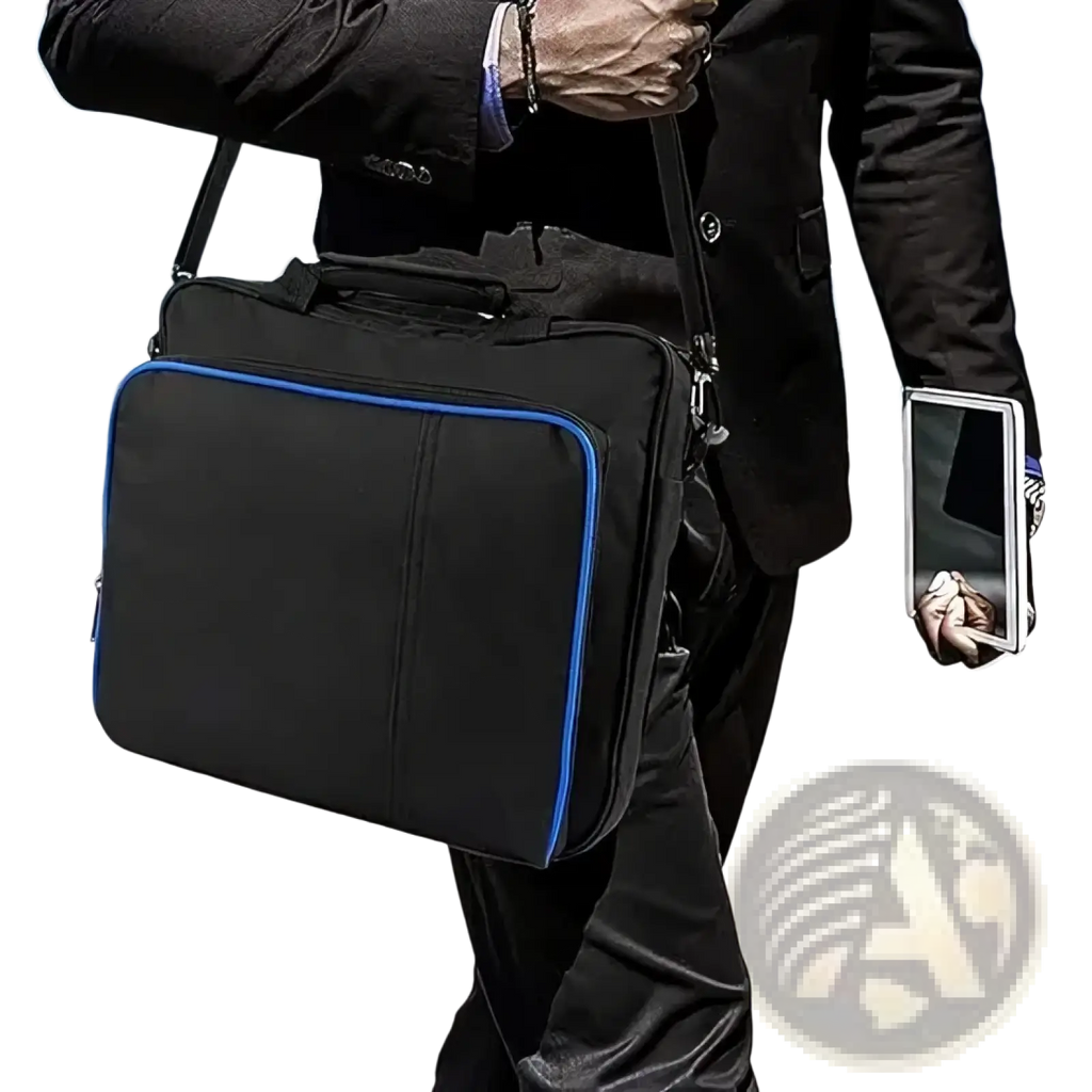 Black ps4 slim travel bag with blue trim made of oxford fabric featuring a sturdy shoulder strap for console organization