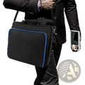 Black ps4 slim travel bag with blue trim made of oxford fabric featuring a sturdy shoulder strap for console organization