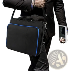 Black ps4 slim travel bag with blue trim made of oxford fabric featuring a sturdy shoulder strap for console organization