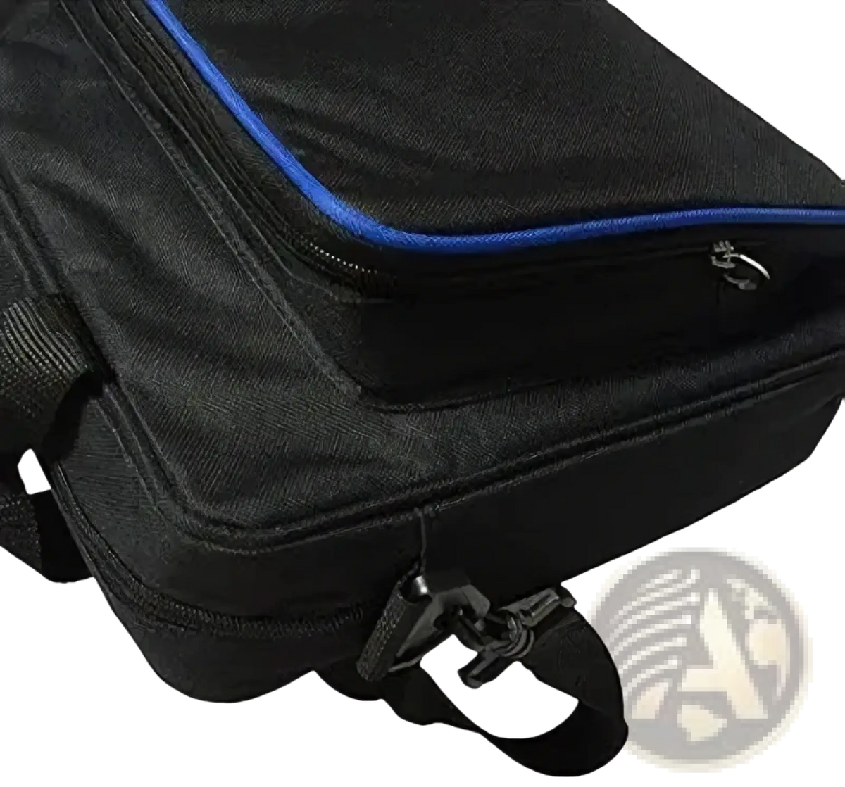 Black oxford fabric ps4 slim travel bag with blue zipper trim and adjustable shoulder strap for console organization