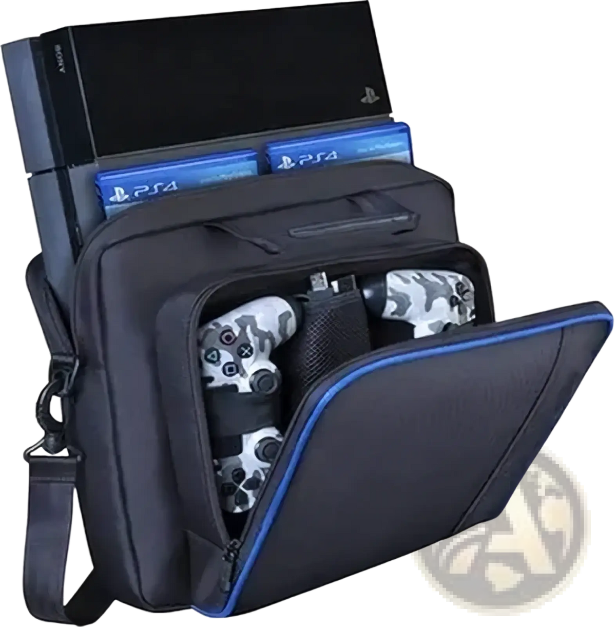 Black playstation 4 slim travel bag with blue trim made of oxford fabric for console and controller organization