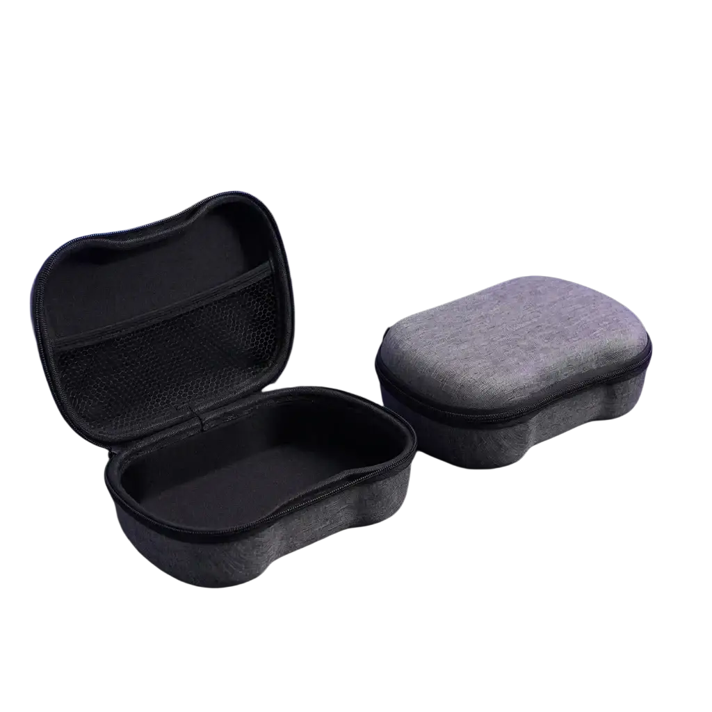 Ps5 controller hard storage case organizer in gray textured material with black zipper and mesh interior compartments