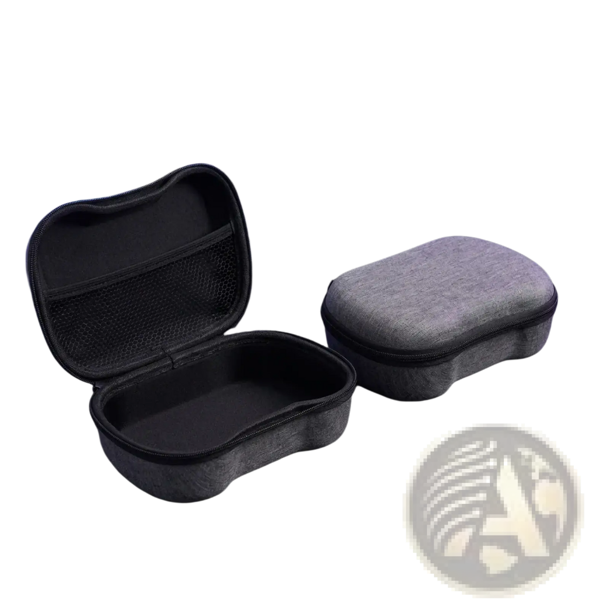 Ps5 controller hard storage case organizer in gray textured material with black zipper and mesh interior compartments