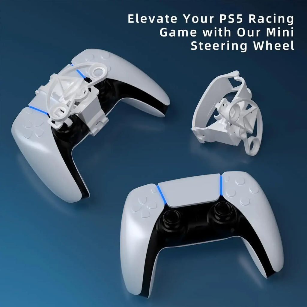 Ps5 mini racing steering wheel controller attachment in white and black with blue accent lighting for immersive gameplay