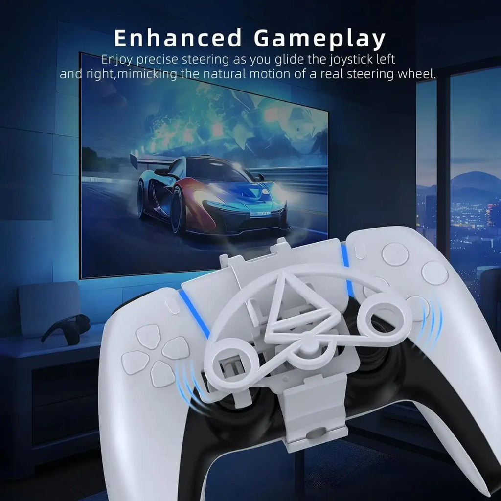 White and black PlayStation 5 controller with white mini racing steering wheel attachment for enhanced gaming control