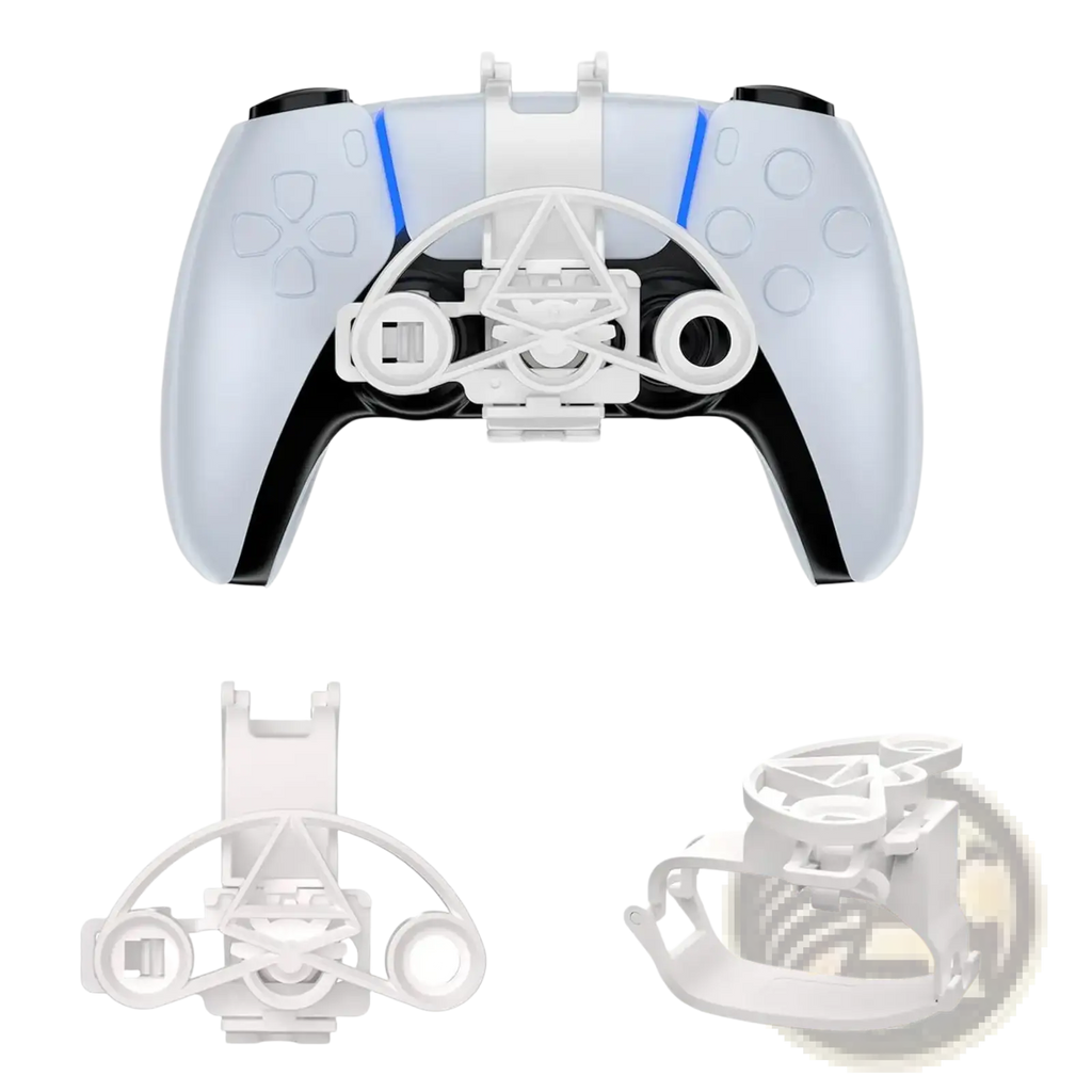 White plastic ps5 mini racing steering wheel controller attachment with blue accent lighting shown from the front