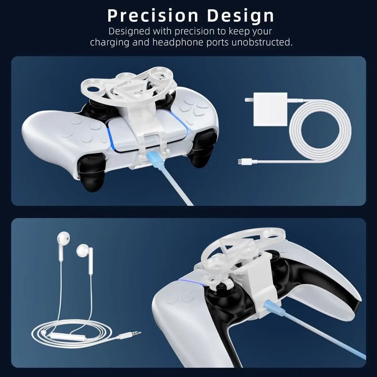 White plastic charging and headphone port cover for ps5 mini racing steering wheel controller attachment shown from back side