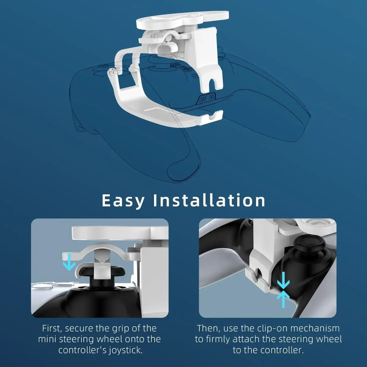 White plastic mini steering wheel mount for ps5 controller designed as a racing game attachment