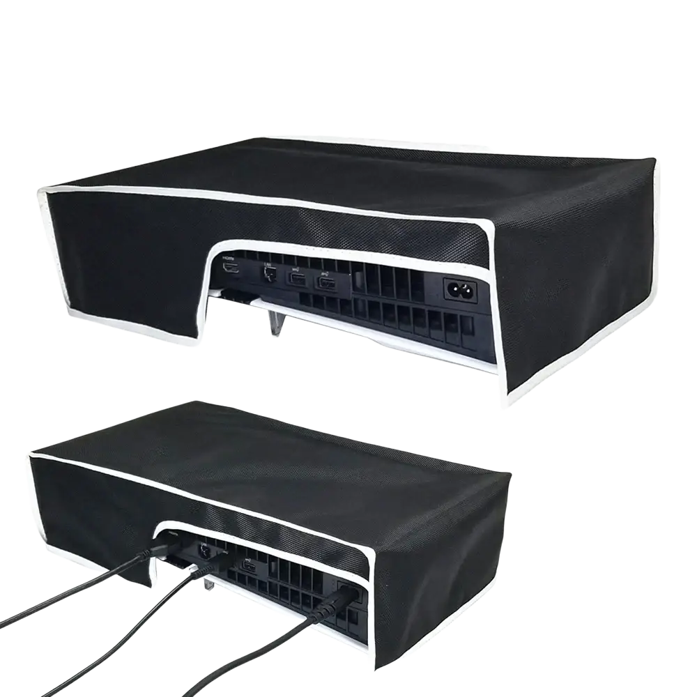 Black dust cover with white trim made of oxford cloth designed for ps5 pro console horizontal protection