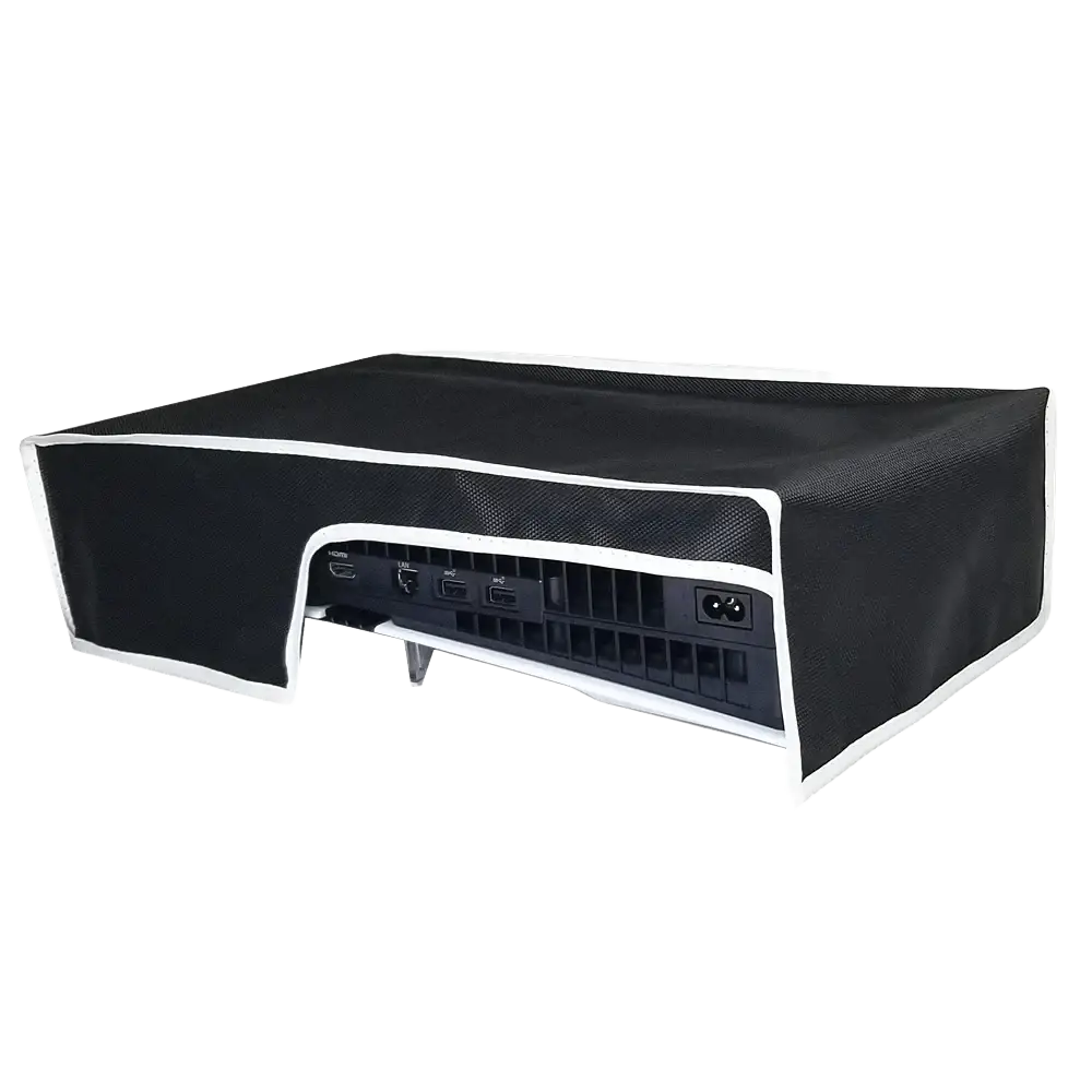 Black mesh protective dust cover with white trim made of oxford cloth for ps5 pro console horizontal use