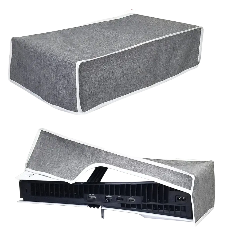 Gray textured fabric ps5 pro console dust cover with white trim made of oxford cloth for horizontal use