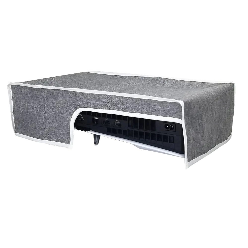 Gray textured fabric ps5 pro console dust cover with white trim made of oxford cloth to protect the pro console