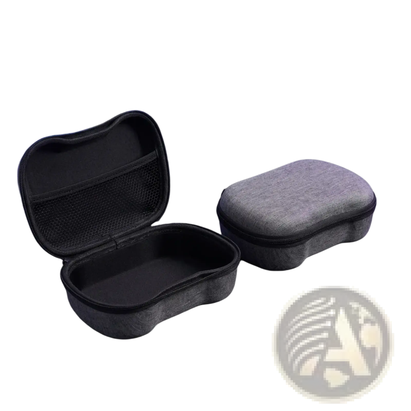 Gray textured hard storage case for ps5 and xbox controllers with black zipper and mesh interior organizer