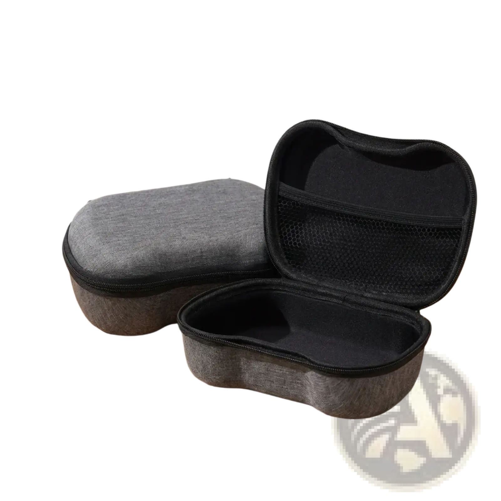 Gray textured hard-shell ps5 and xbox controller storage case with black zipper and interior lining