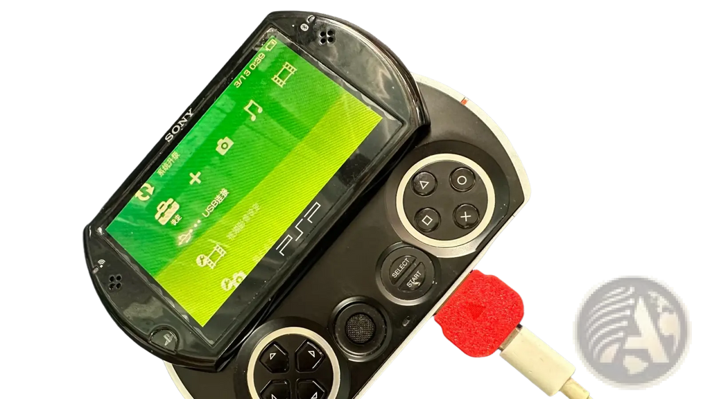 Black sony psp go handheld gaming console with green screen displaying icons and playstation logo for psp go type c converter charging cable accessory
