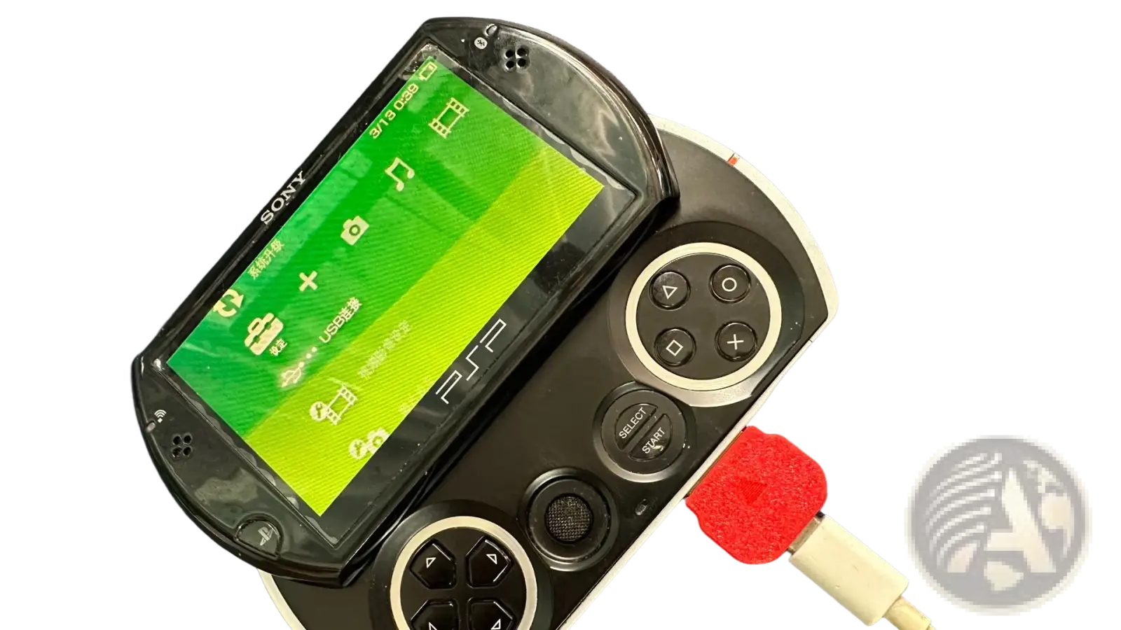 Black sony psp go handheld gaming console with green screen displaying icons and playstation logo for psp go type c converter charging cable accessory