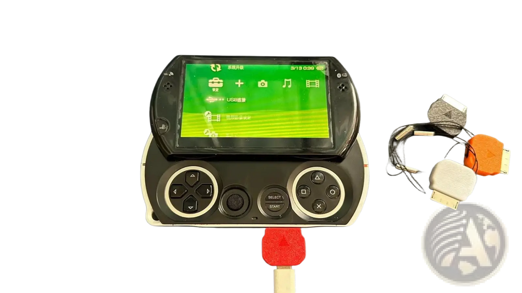 Black and white handheld gaming device with green screen displaying camera music and video icons for psp go Type C converter cable accessory