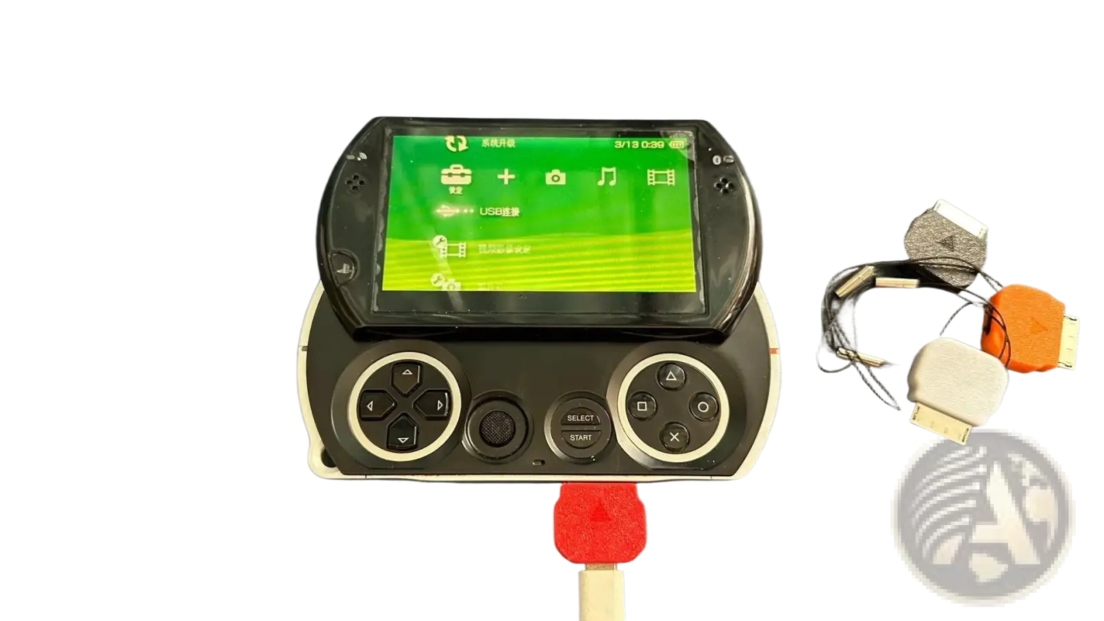 Black and white handheld gaming device with green screen displaying camera music and video icons for psp go Type C converter cable accessory