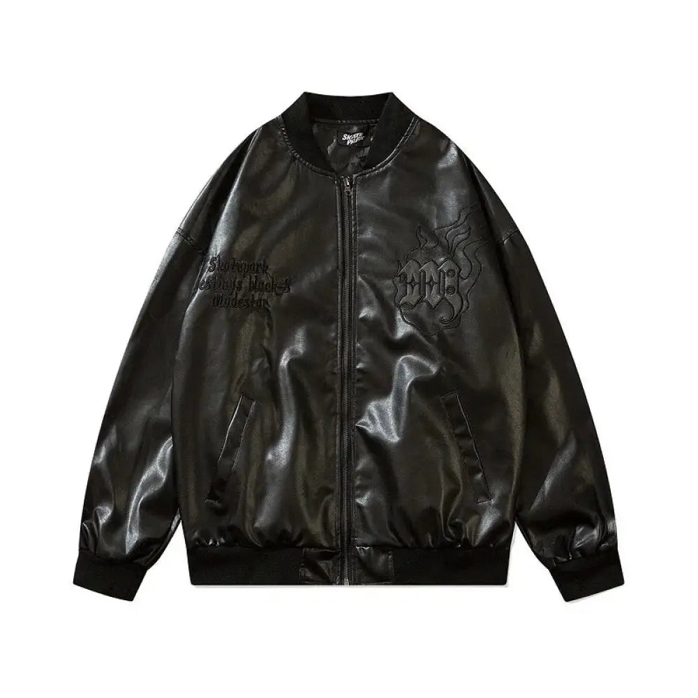 Unisex Maidestar oversized black faux leather bomber jacket with embossed gothic lettering and flame design on chest