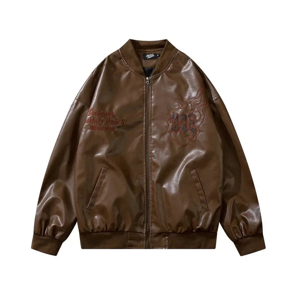 Brown unisex maidestar embroidered oversized faux leather bomber jacket with stylized logo on the chest