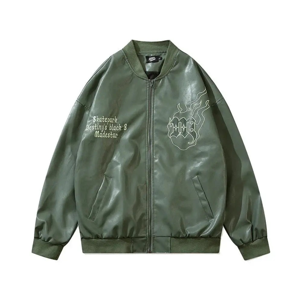 Olive green unisex Maidestar oversized faux leather bomber jacket with white embroidered text and flame design on back