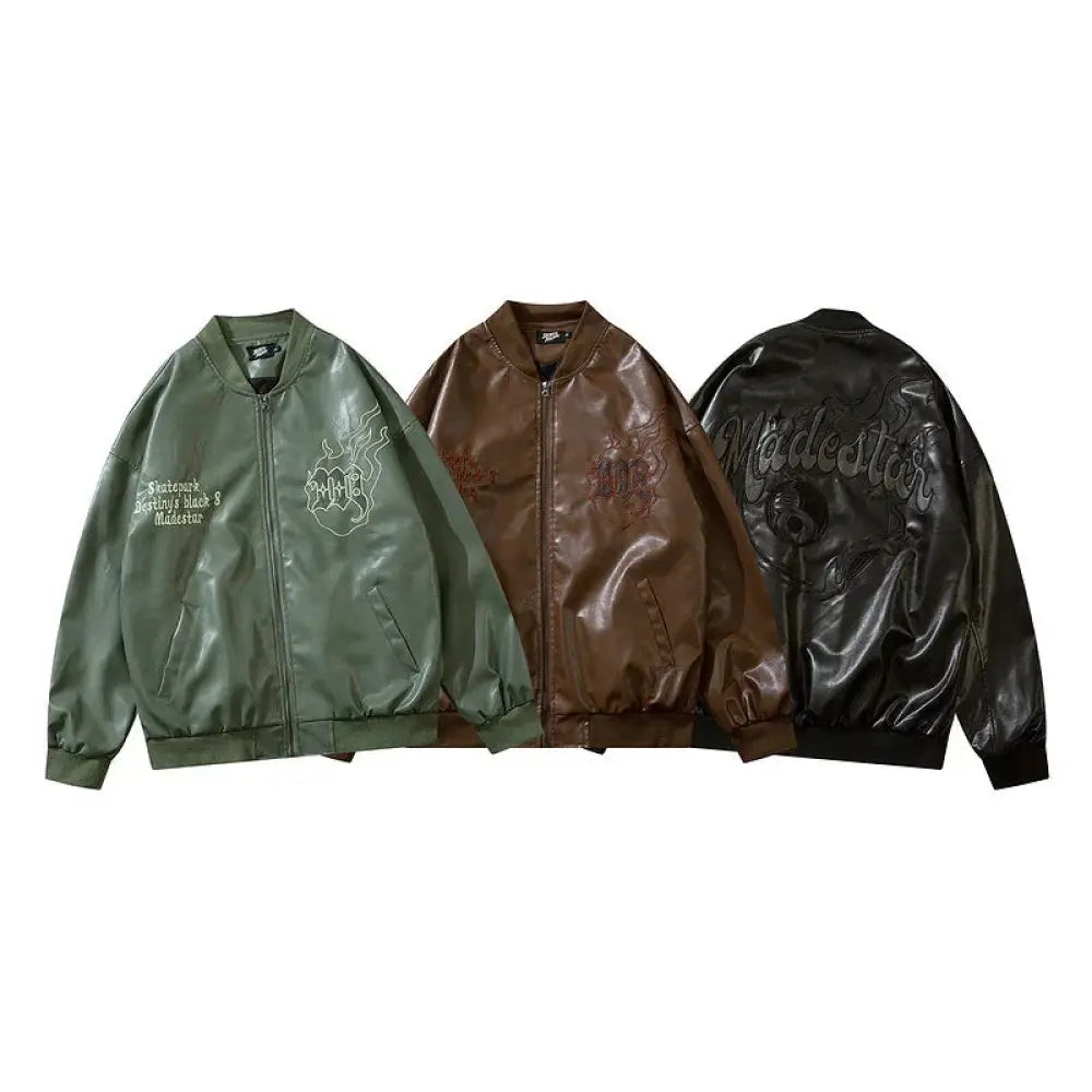 Three unisex maidestar embroidered oversized bomber jackets in olive green brown and black faux leather material