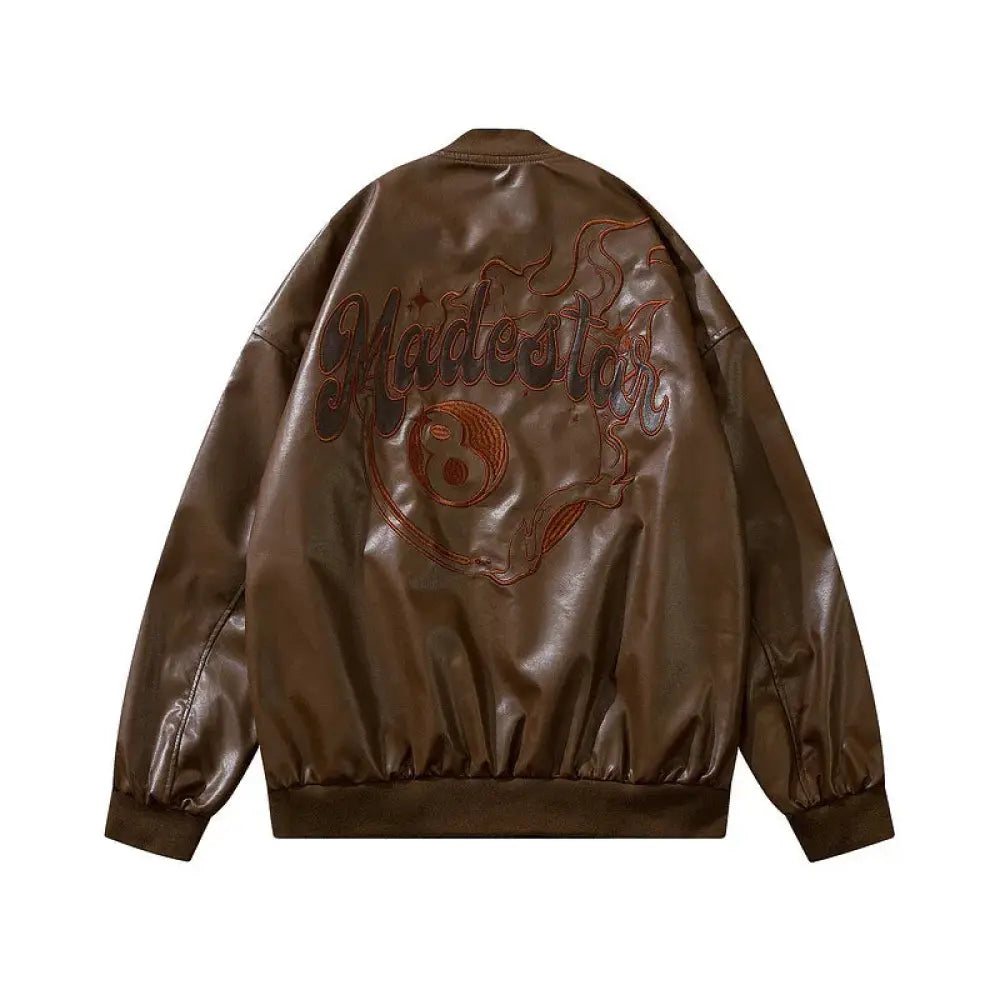 Brown faux leather unisex maidestar embroidered oversized varsity jacket back featuring yin yang design logo