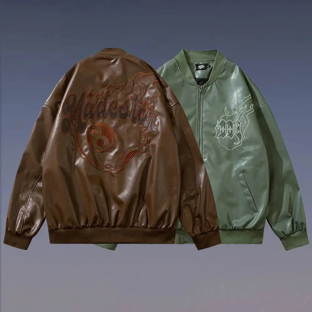 Unisex Maidestar embroidered oversized faux leather varsity jackets in brown and olive green with detailed embroidery