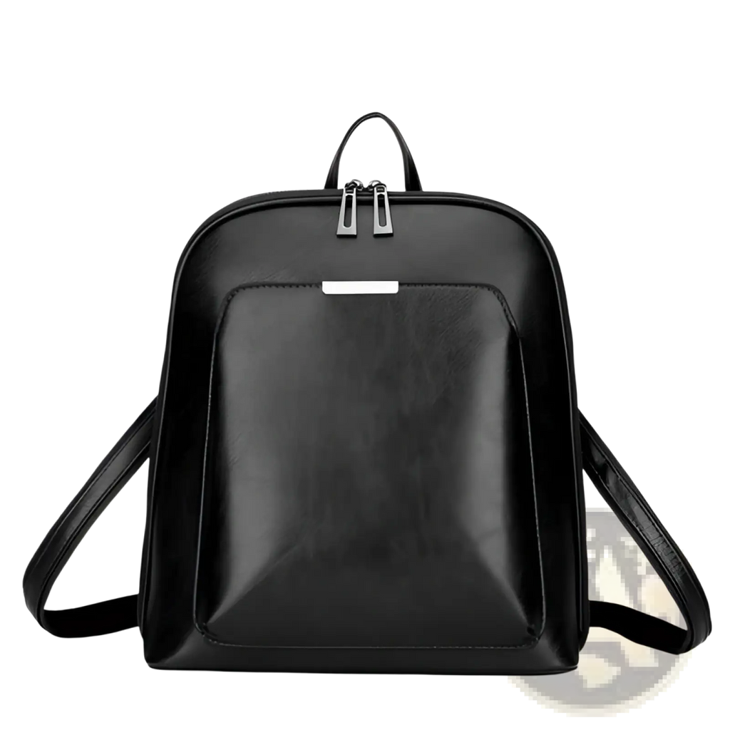 Black pu leather anti-theft backpack with silver-toned zippers and magazine print minimalist design