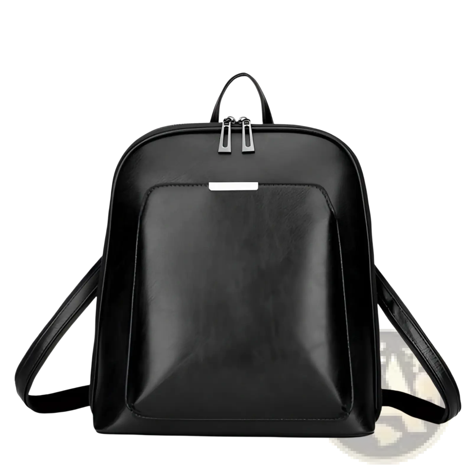 Black pu leather anti-theft backpack with silver-toned zippers and magazine print minimalist design