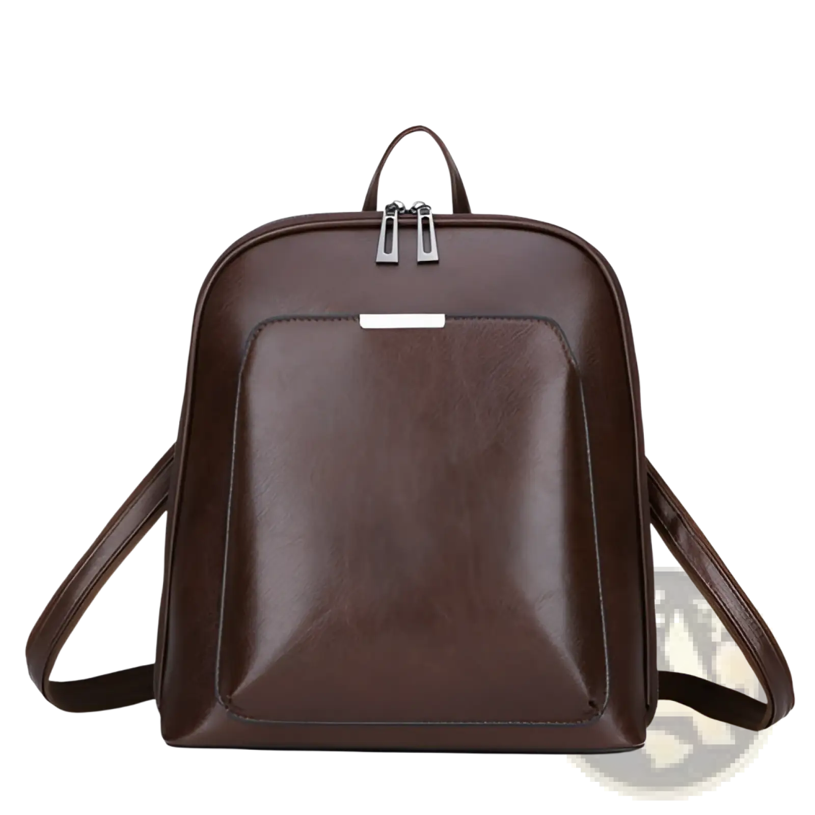 Brown pu leather anti-theft backpack with silver zippers and front pocket featuring magazine print design