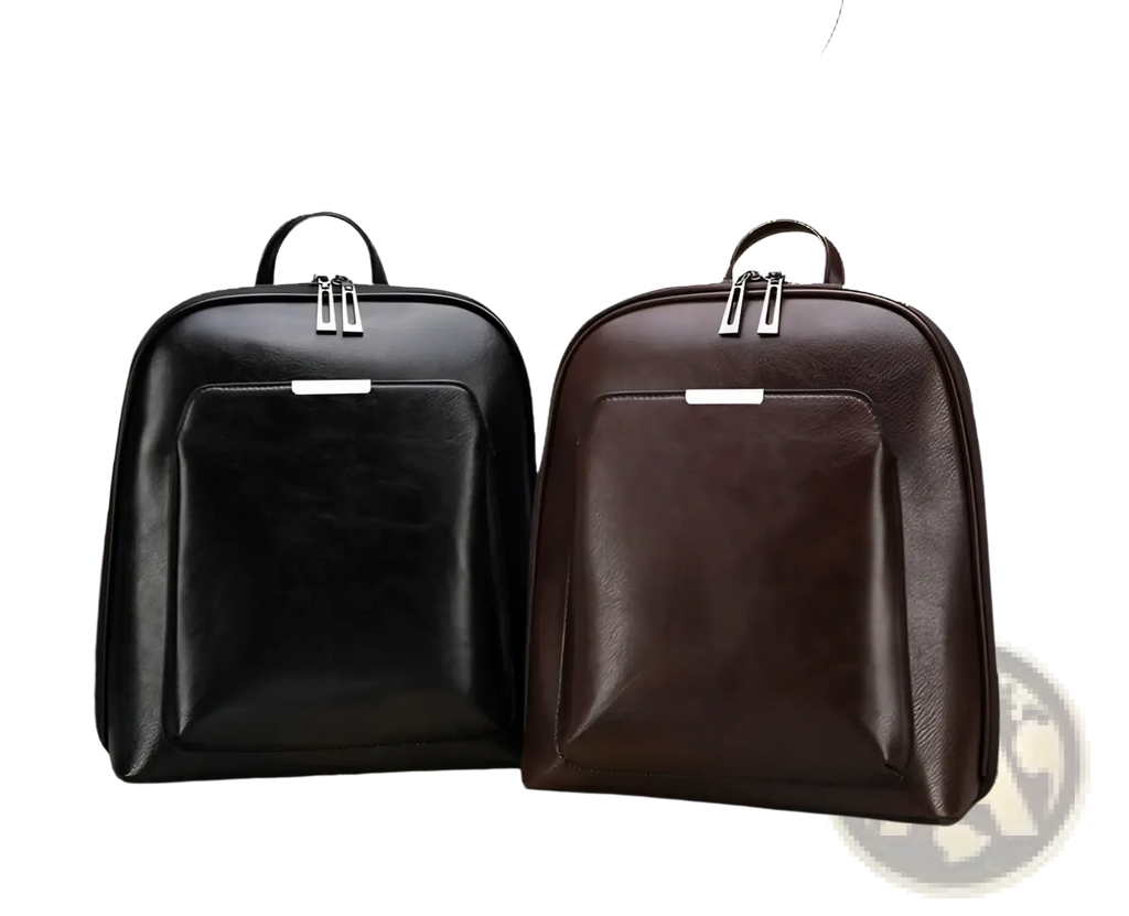 Black and brown pu leather anti-theft backpacks with magazine print silver zippers and top handles