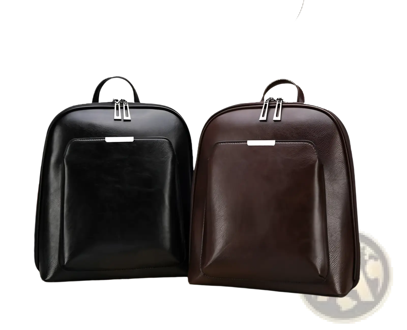 Black and brown pu leather anti-theft backpacks with magazine print silver zippers and top handles