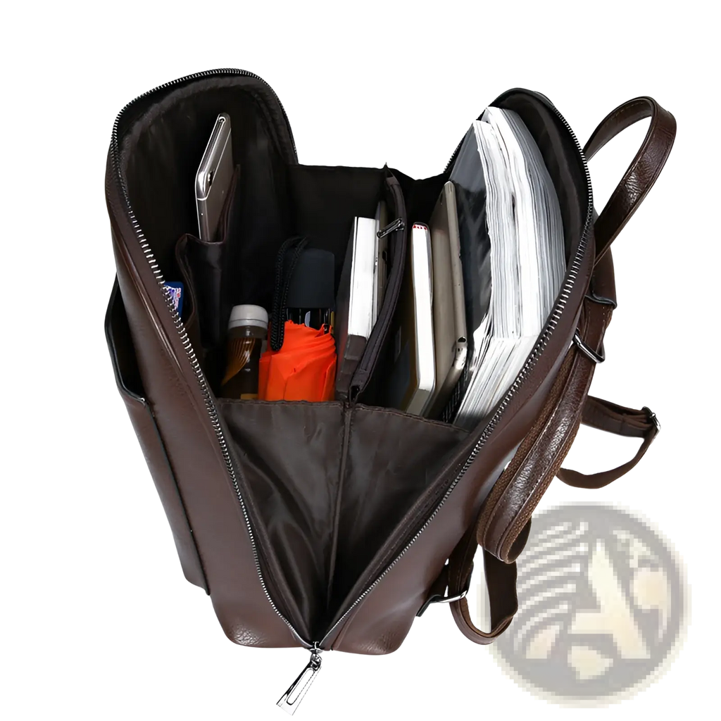 Brown pu leather anti-theft backpack with multiple compartments filled with notebooks phone umbrella and personal items