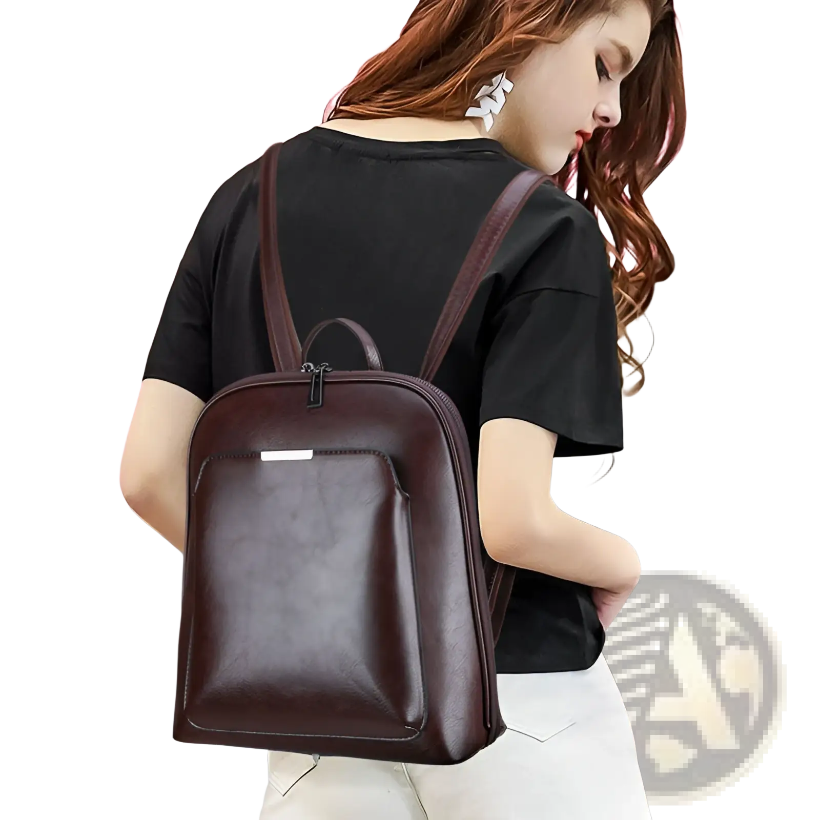 Brown pu leather anti-theft backpack with magazine print featuring a front zippered pocket and adjustable straps