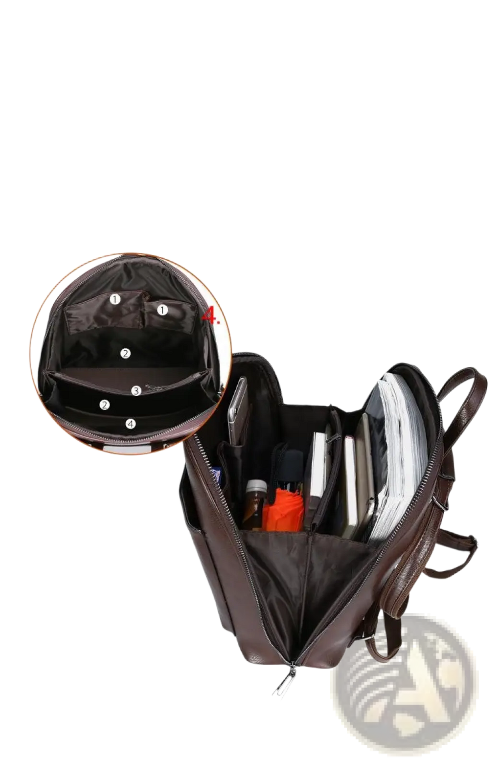Brown pu leather anti-theft backpack with multiple compartments and magazine print detailing